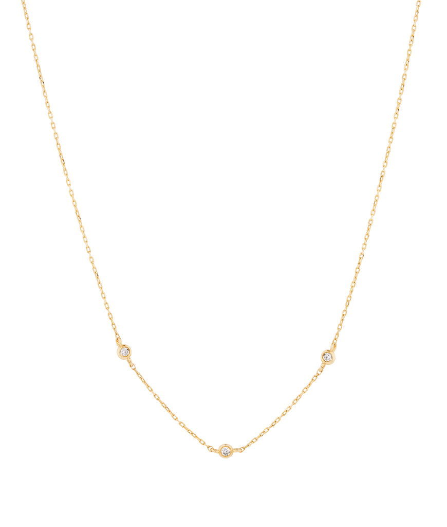 9ct Yellow Gold necklace featuring three bezel set Brilliant Round Cut Natural Diamonds set on a delicate chain. Sunshine Coast jewellers - Morgan & Co for all your fine jewellery needs