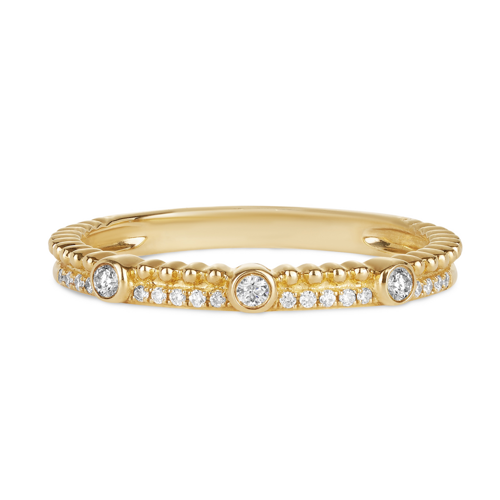 vintage style engagement ring featuring bezel set round diamonds and brilliant round pave band with double layer. Sunshine coast wedding bands