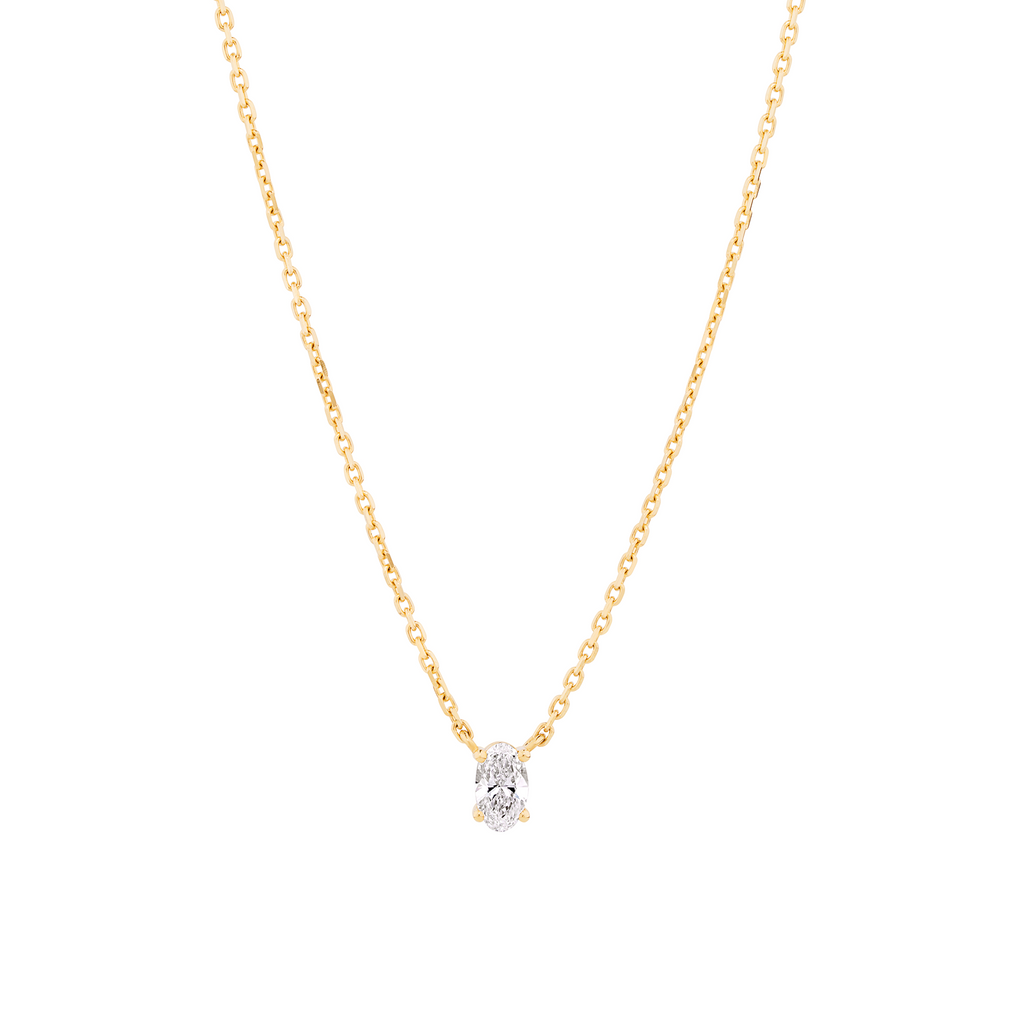 yellow gold necklace with oval diamond in delicate setting. Sunshine coast diamond necklace