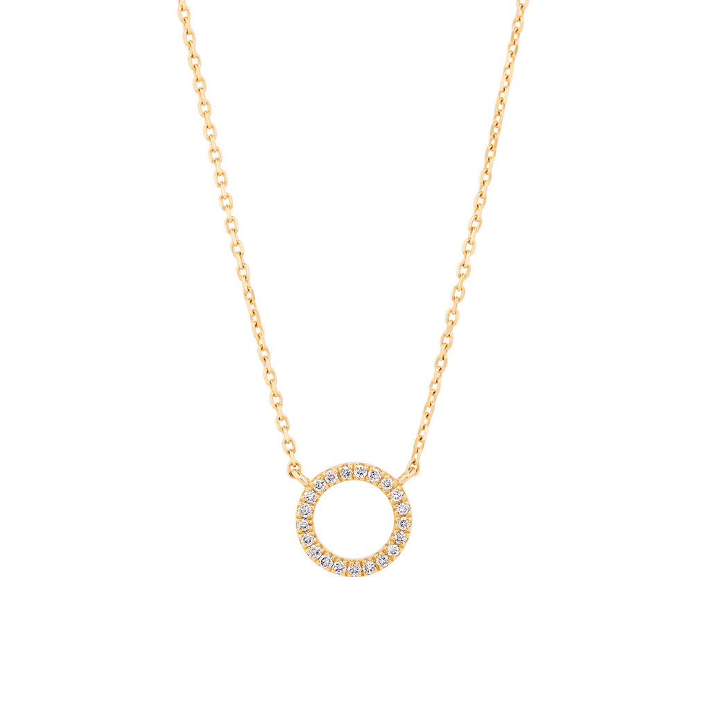 yellow gold necklace with open round diamond pendant. sunshine coast jewllers