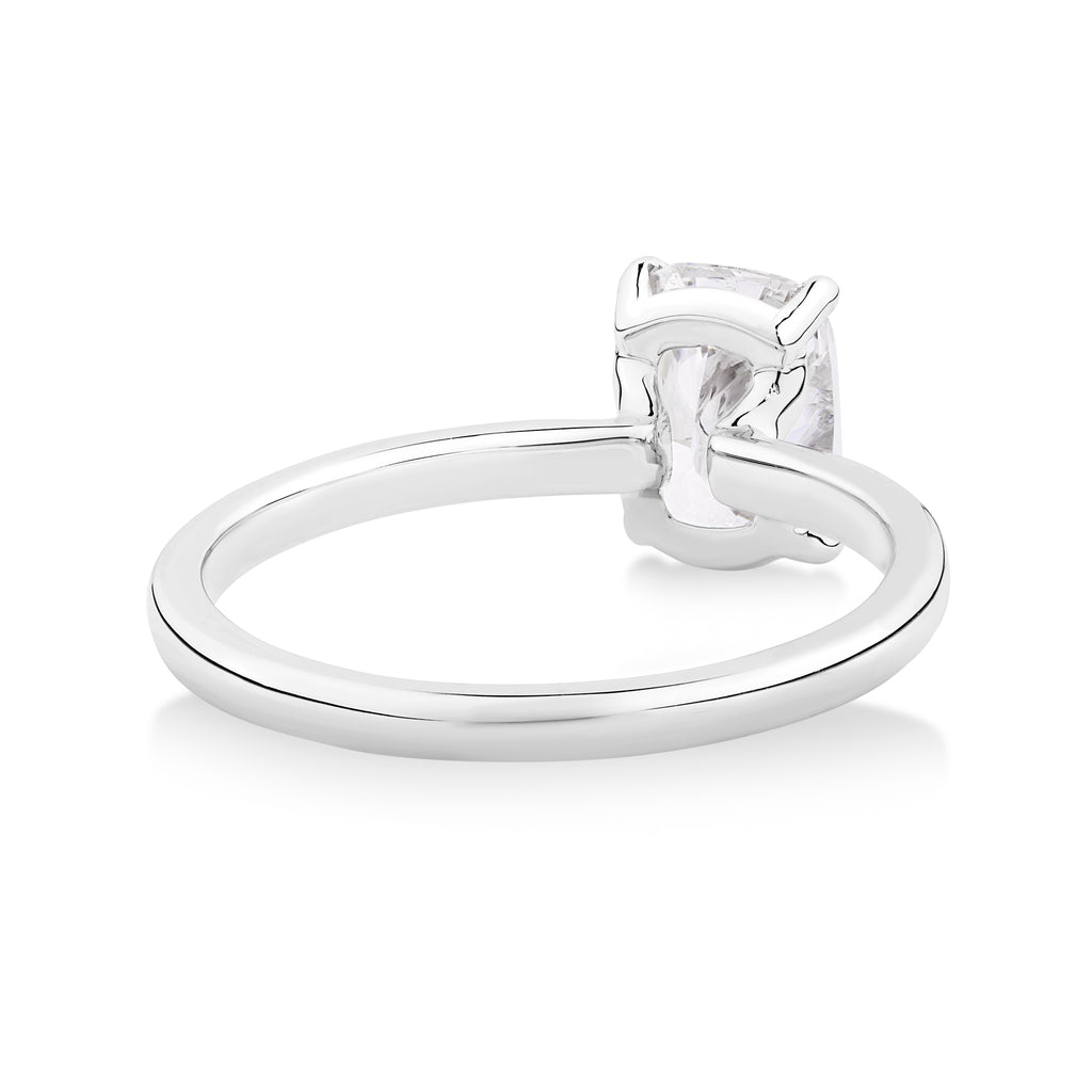 back view of 14ct white gold engagement ring featuring elongated cushion cut lab grown diamond in a unique setting. beautiful engagement rings sunshine coast jeweller, morgan & co