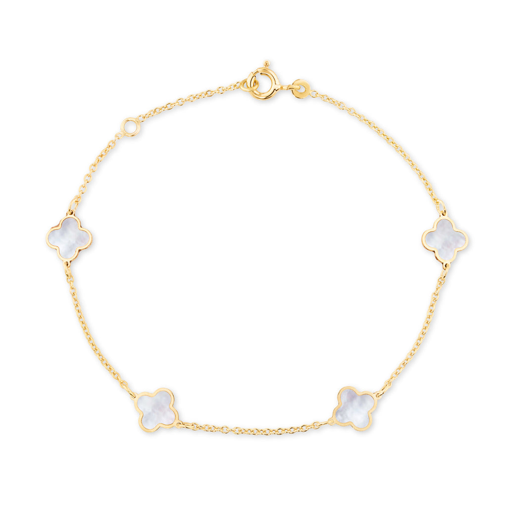 9ct mother of pearl four leaf clover bracelet. A stunning bracelet for everyday use at morgan & Co - Fine jewellery Sunshine Coast jewellery store
