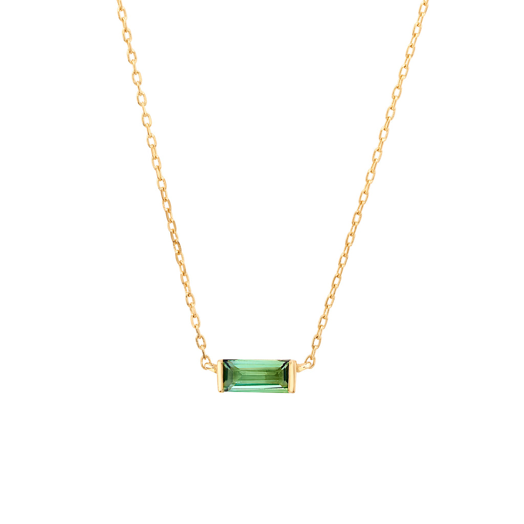 delicate yellow gold necklace with east to west set emerald cut tourmaline. sunshine coast jewellery
