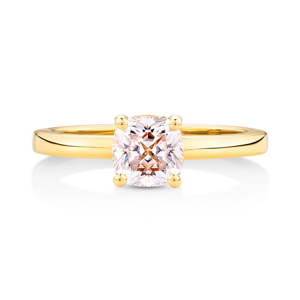 yellow gold engagement ring with cushion cut diamond. Custom made engagement rings Sunshine Coast Jewellers. Beautiful engagement rings sunshine coast