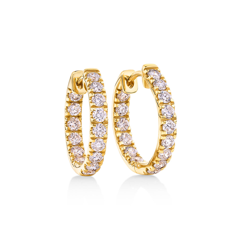Day and night diamond hoop earrings with diamonds on the inside of the hoop and outside of the hoop. These earrings are 9ct yellow gold and can be made in rose and white gold with natural or lab grown diamonds. Diamond Hoop Earring Sunshine Coast Jeweller