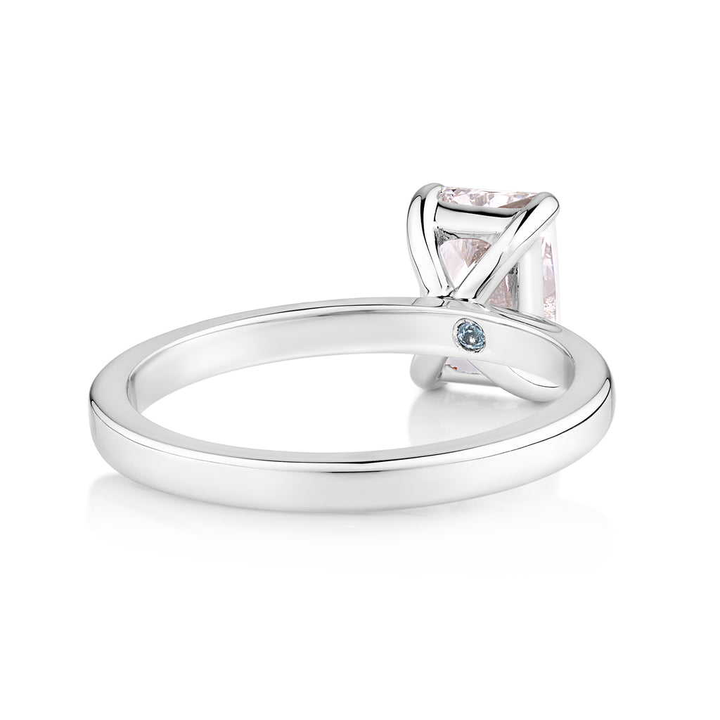 14ct white gold  custom made engagement ring featuring a radiant cut lab grown, cultured, diamond set in a 14ct white gold setting with 4 claws. All Australian made engagement ring. Sunshine Coast Jeweller located in Buderim for your custom made beautiful engagement rings