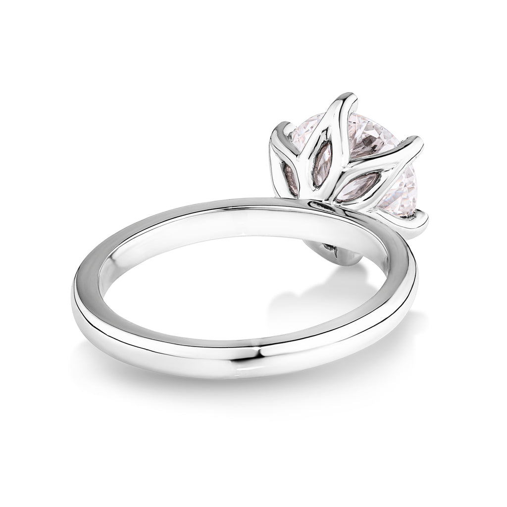 Delicate Flower setting engagement ring. 18ct White gold brilliant round lab grown diamond engagement ring with flower setting set in petite 6 claw setting. This beautiful engagement ring can be made with lab grown or natural diamonds. Custom made engagement rings Sunshine Coast, Buderim. Australian made engagement rings