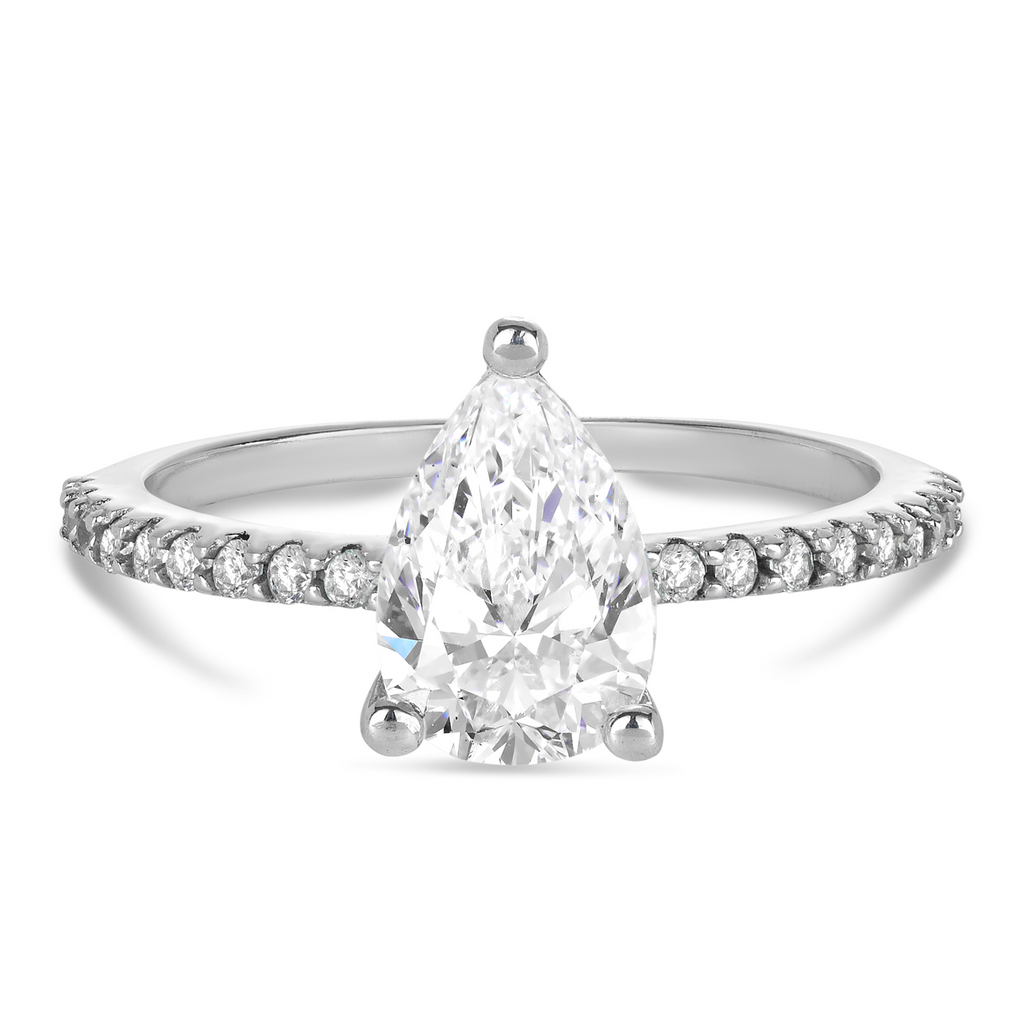 Pear cut lab grown diamond set in white gold with a diamond band. Beautiful engagement rings sunshine coast