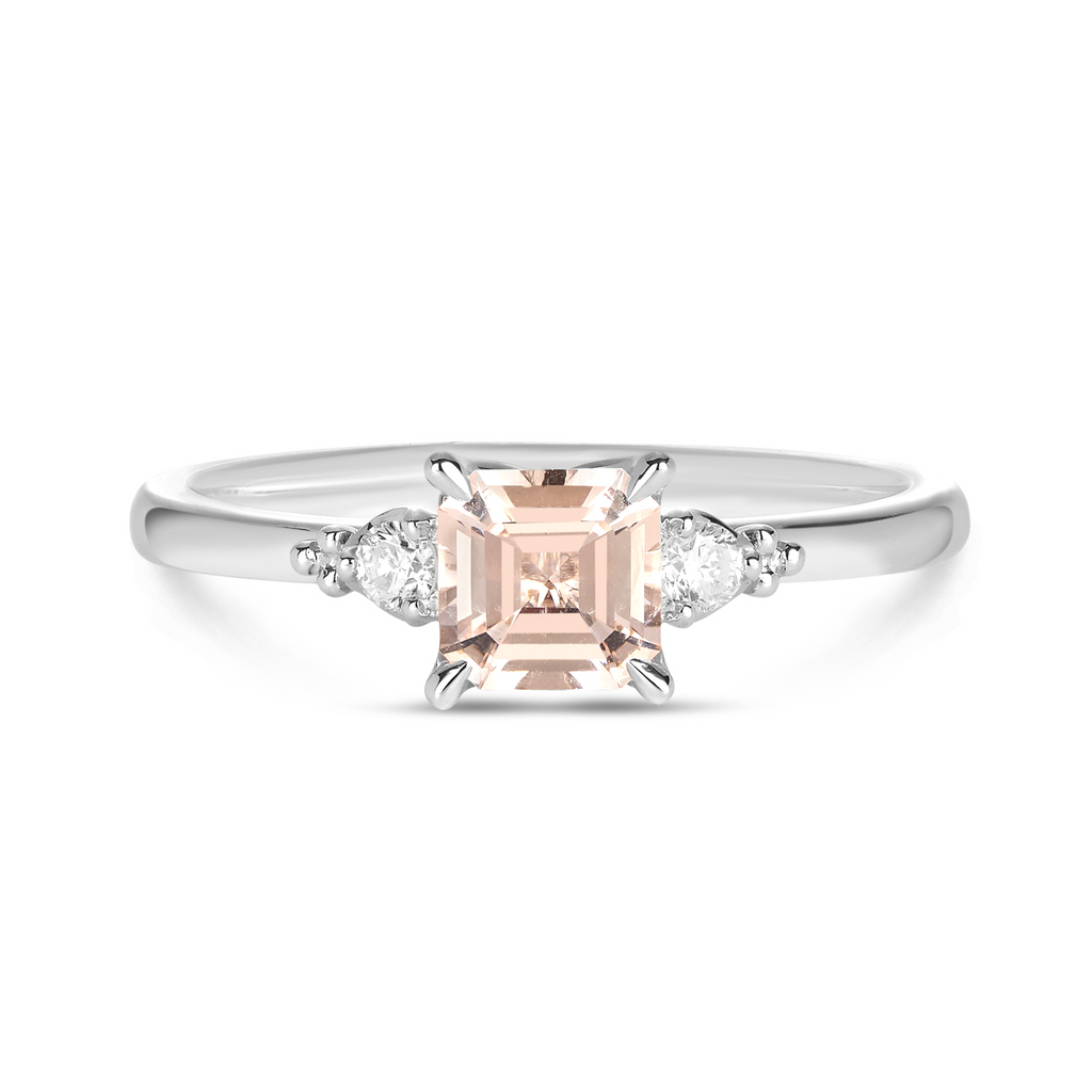 Princess cut pink moissanite engagement ring with lab grown diamonds in white gold