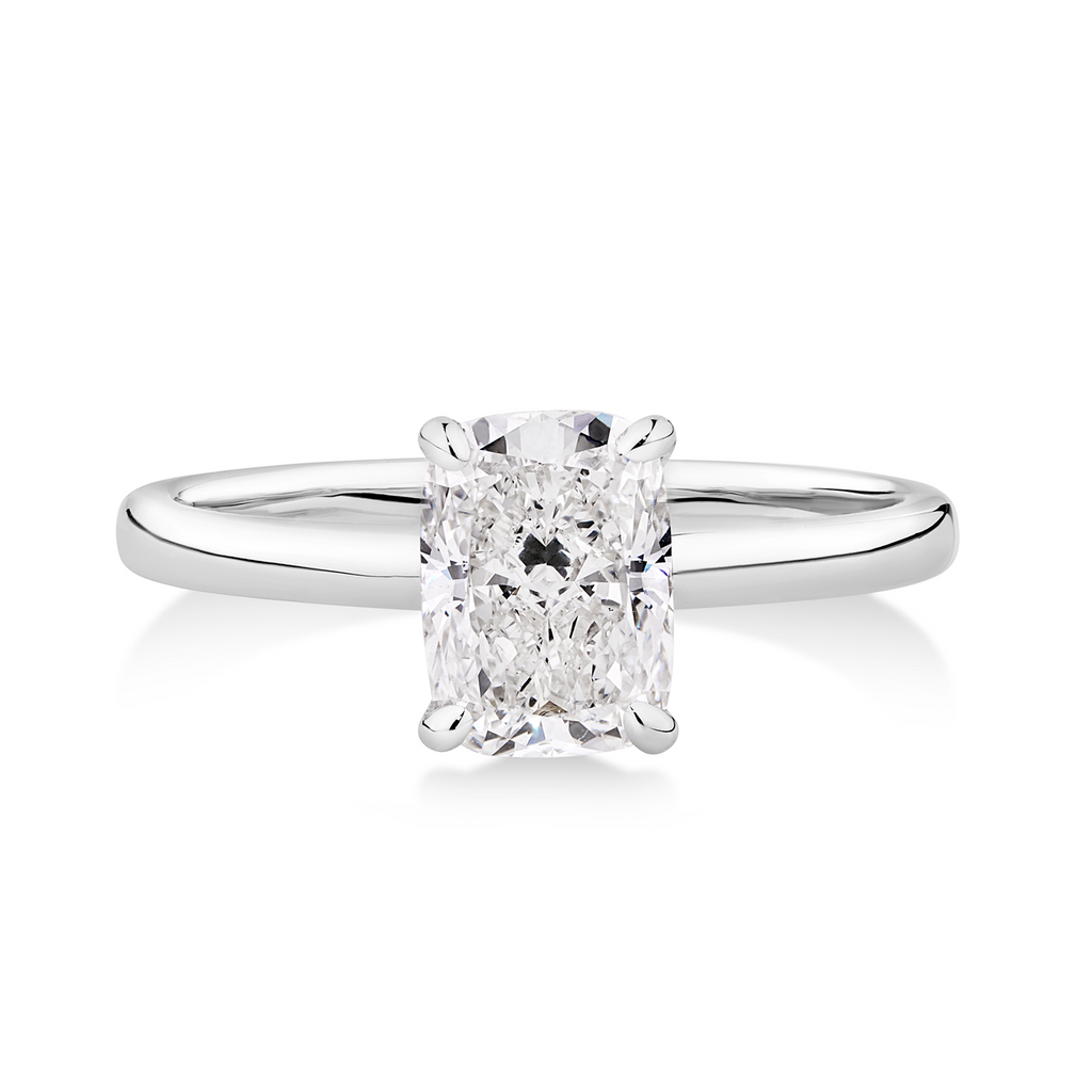 back view of 14ct white gold engagement ring featuring elongated cushion cut lab grown diamond in a unique setting. beautiful engagement rings sunshine coast jeweller, morgan & co