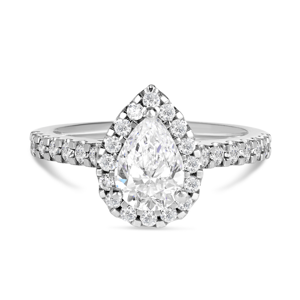 white gold vintage style engagement ring featuring pear cut diamond with halo and diamond band. Engagement rings sunshine coast jeweller