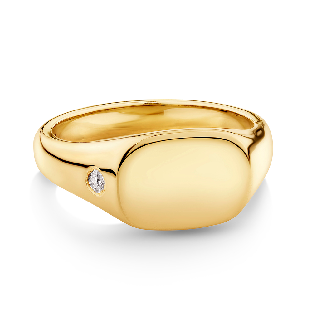 Men's signet ring 9ct yellow gold men's wedding band with round diamond. Sunshine Coast Jewellers - custom made wedding bands and rings for men