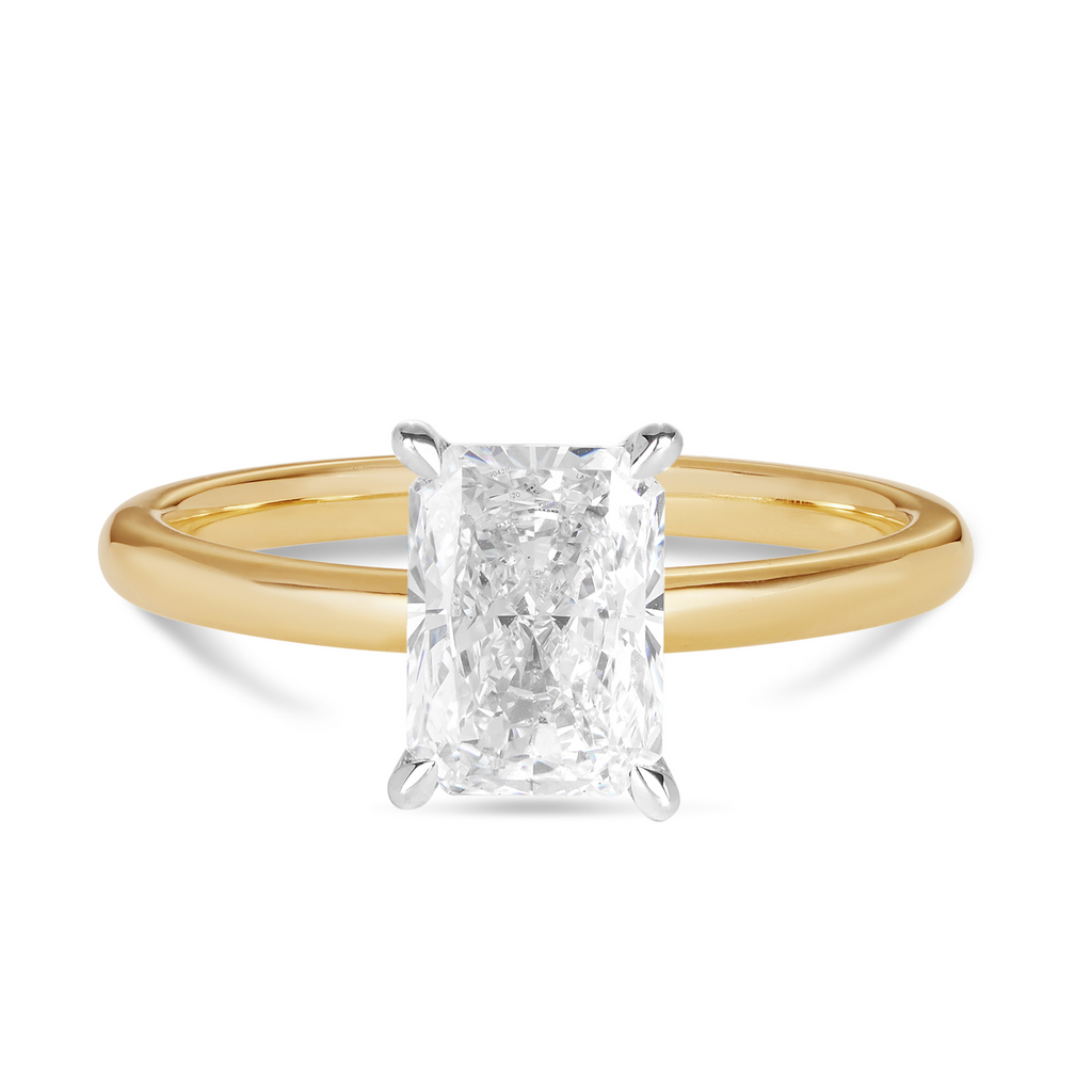 18ct yellow gold engagement ring featuring a radiant cut lab grown, cultured, diamond set in an 18ct white gold setting with 4 claws. All Australian made engagement rings. Sunshine Coast Jeweller located in Buderim for your custom made beautiful engagement rings