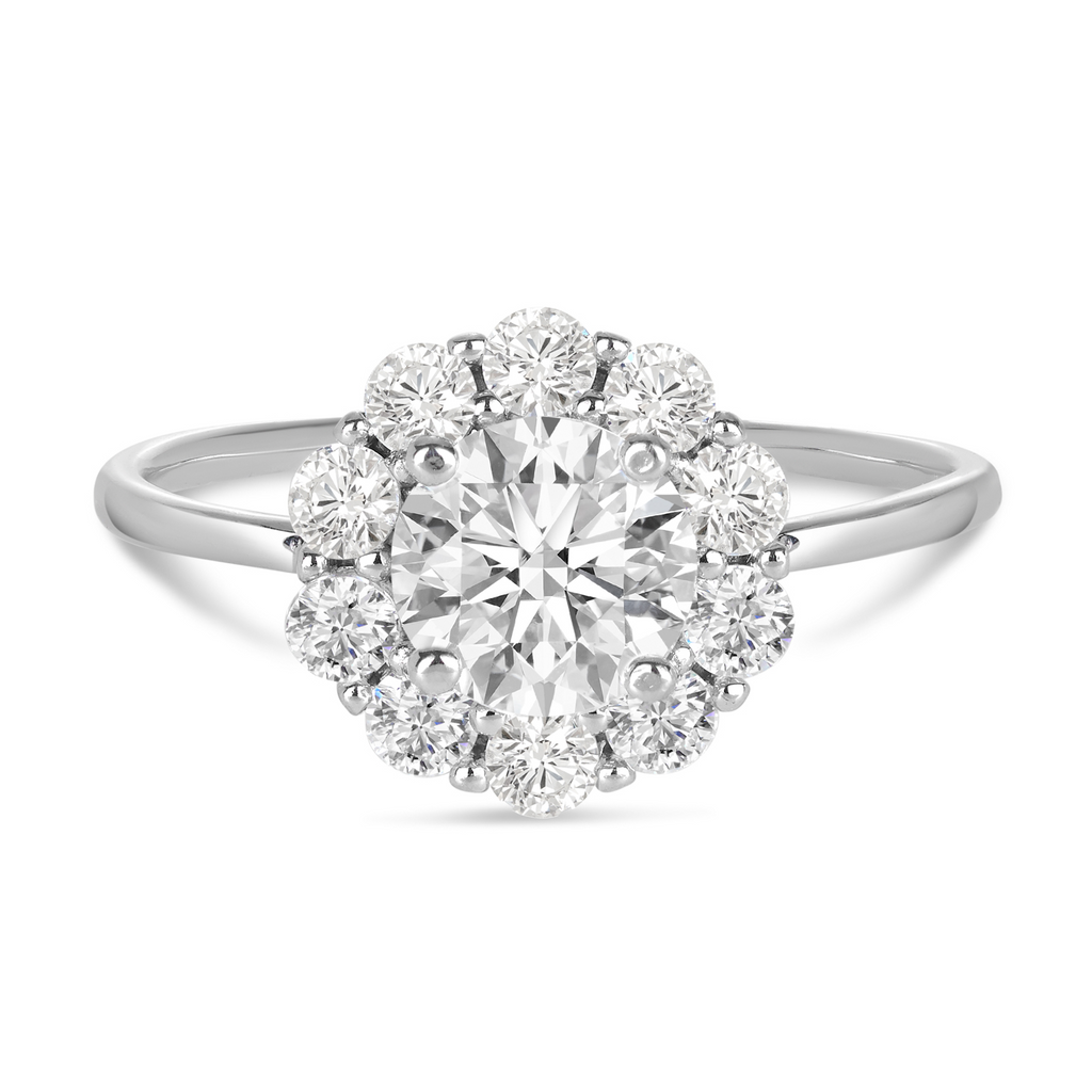 white gold engagement ring featuring a halo flower design. Sunshine coast engagement rings at sunshine coast jewellers for your custom made forever ring