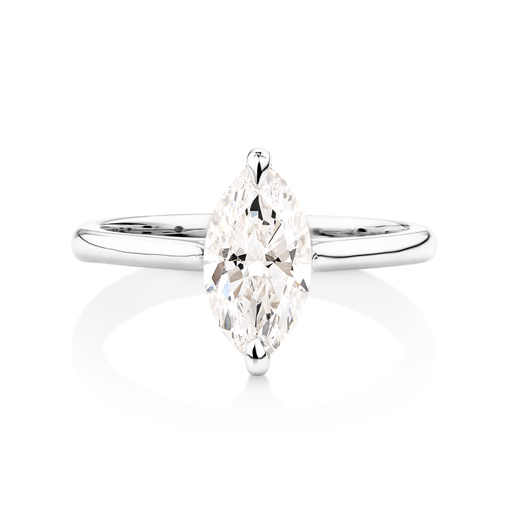 designed on the sunshine coast this white gold engagement ring featured a marquise cut diamond in a 2 claw setting