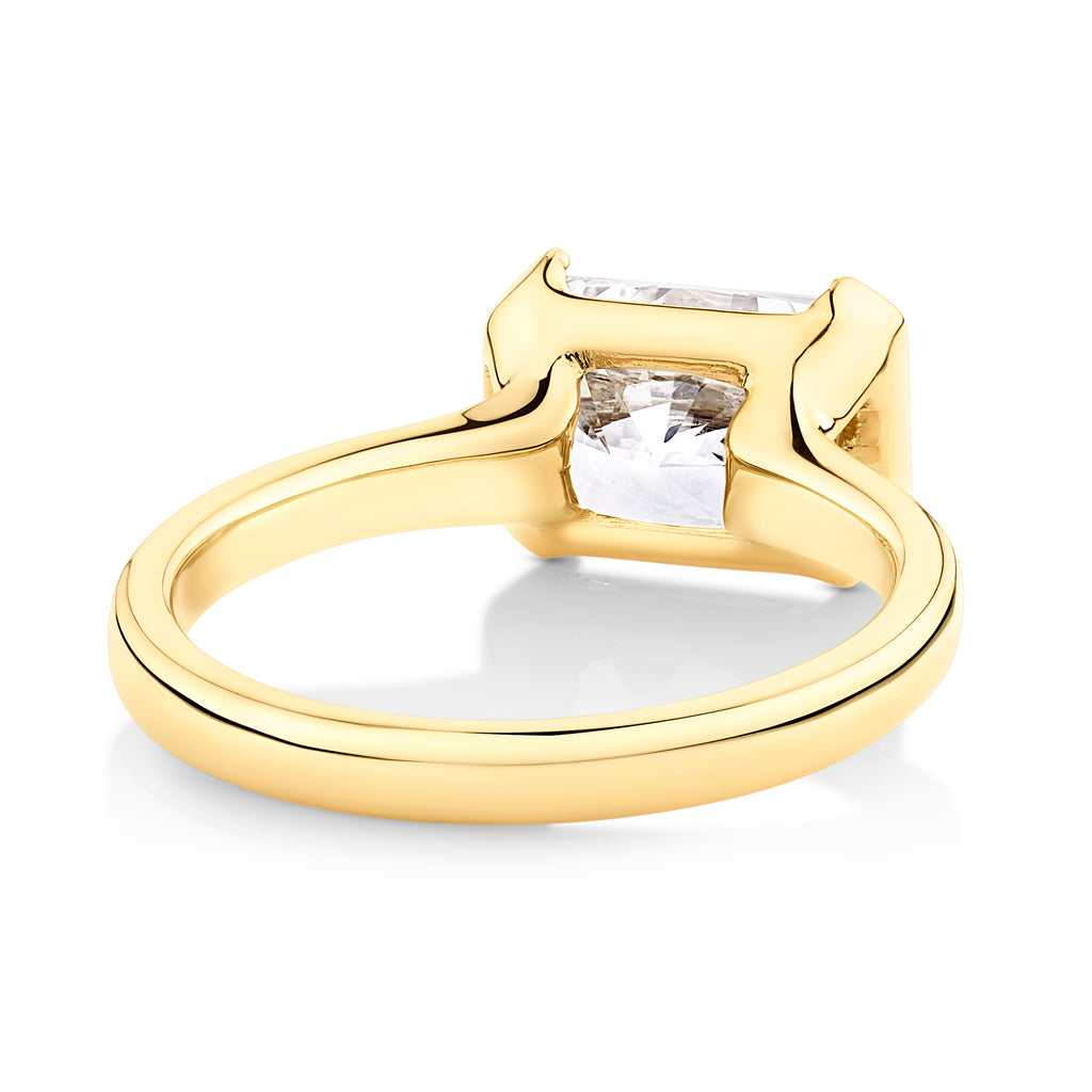 back view of yellow gold east to west set radiant cut lab grown diamond engagement ring designed at Sunshine Coast Jewellers, Morgan & Co