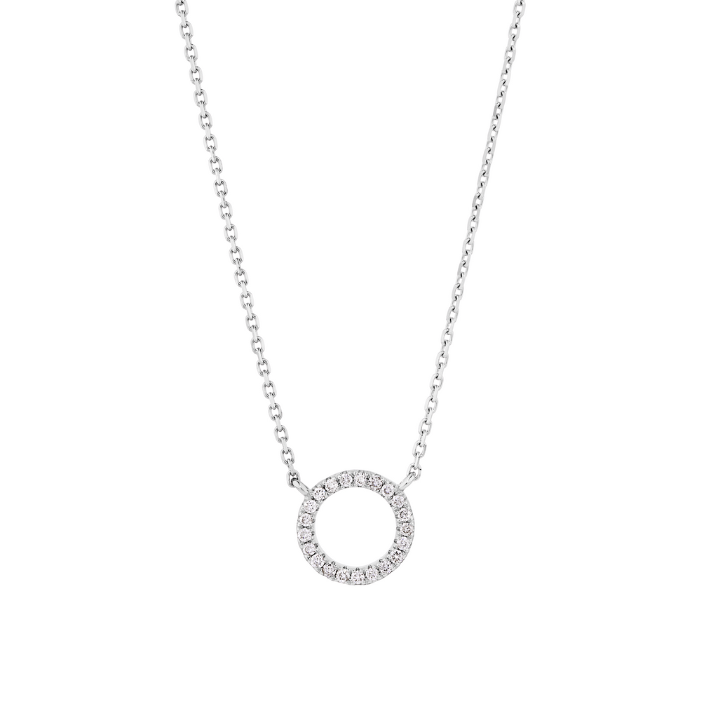 9ct white gold necklace with delicate chain and diamond circle open pendant. sunshine coast jewellers
