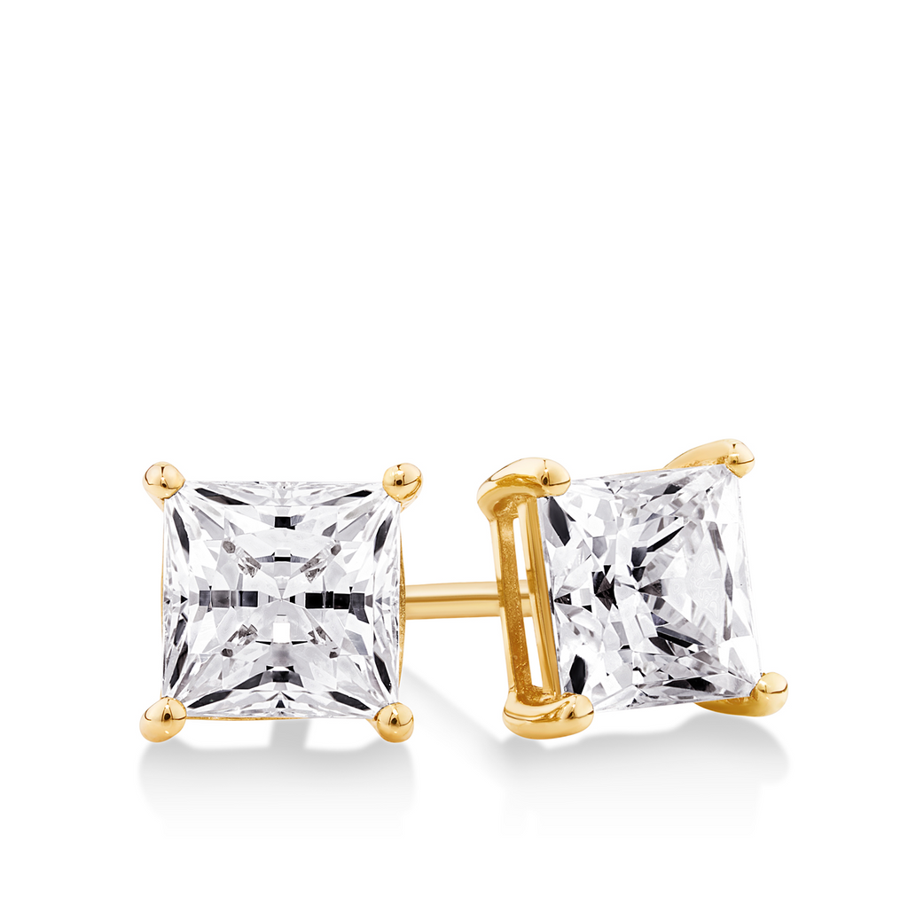 yellow gold studs with princess cut cz stones. sunshine coast affordable earrings