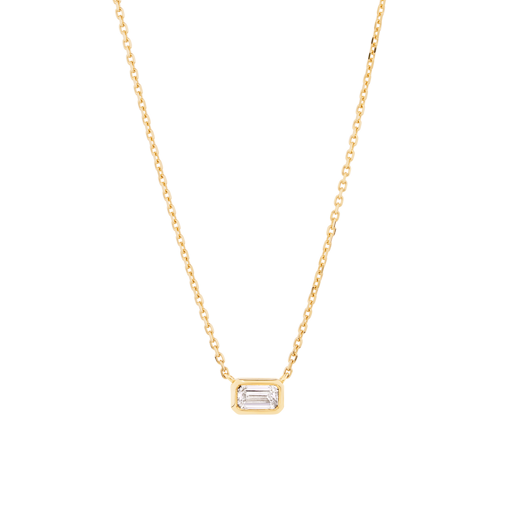 9ct yellow gold emerald cut east to west diamond necklace in a bezel setting sunshine coast jewellery 