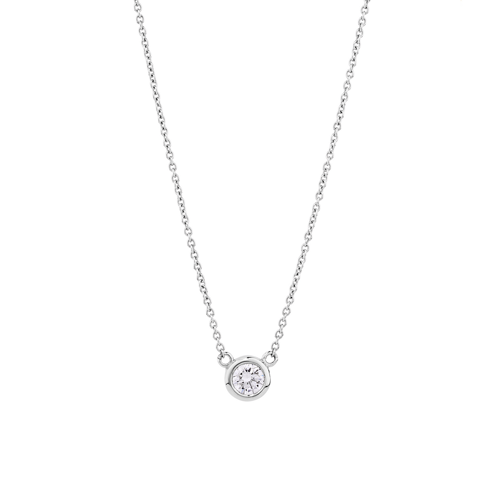 9ct bezel set round diamond necklace with white gold chain. This beautiful necklace can be made with a lab grown or natural diamond. Custom made engagement rings and fine jewellery Sunshine Coast, Buderim. Australian made necklaces. 