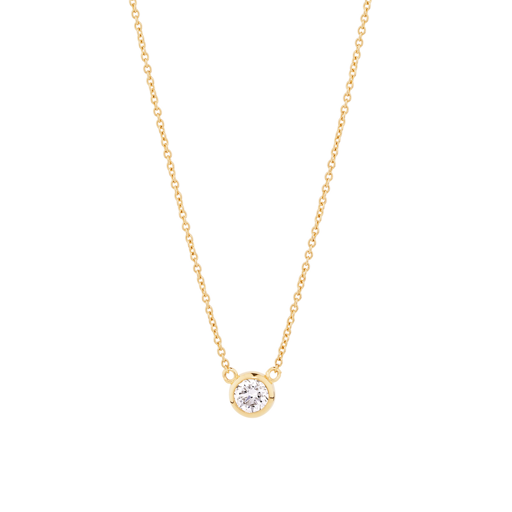 9ct  yellow gold bezel set round diamond necklace with yellow gold chain. This beautiful necklace can be made with a lab grown or natural diamond. Custom made engagement rings and fine jewellery Sunshine Coast, Buderim. Australian made necklaces. 