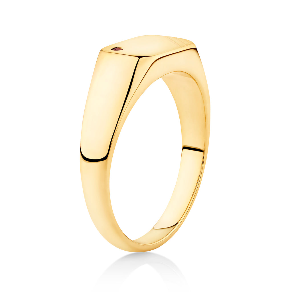 yellow gold men's signet ring with ruby