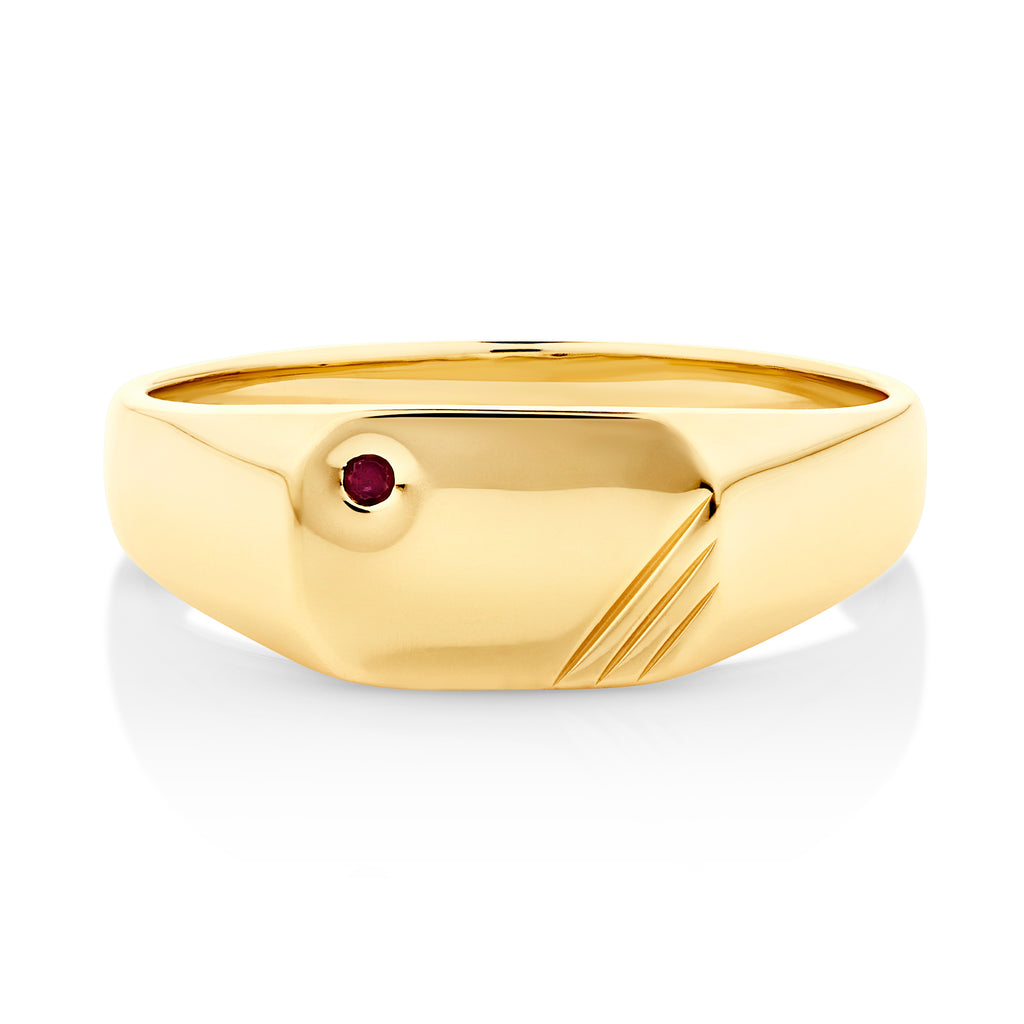 yellow gold men's signet ring featuring a red ruby with engraving detail