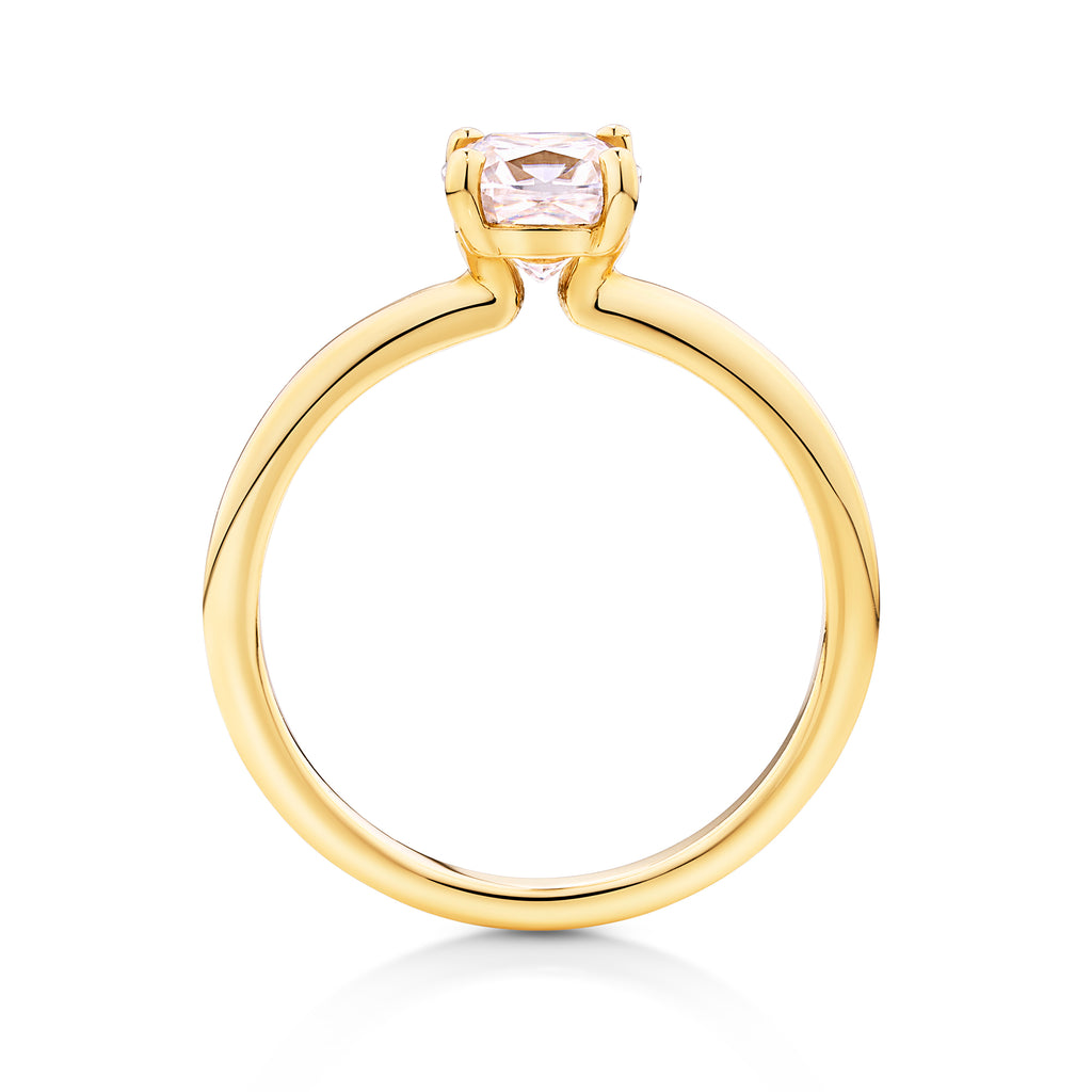 Side view of yellow gold engagement ring with cushion cut diamond. Custom made engagement rings Sunshine Coast Jewellers. Beautiful engagement rings sunshine coast