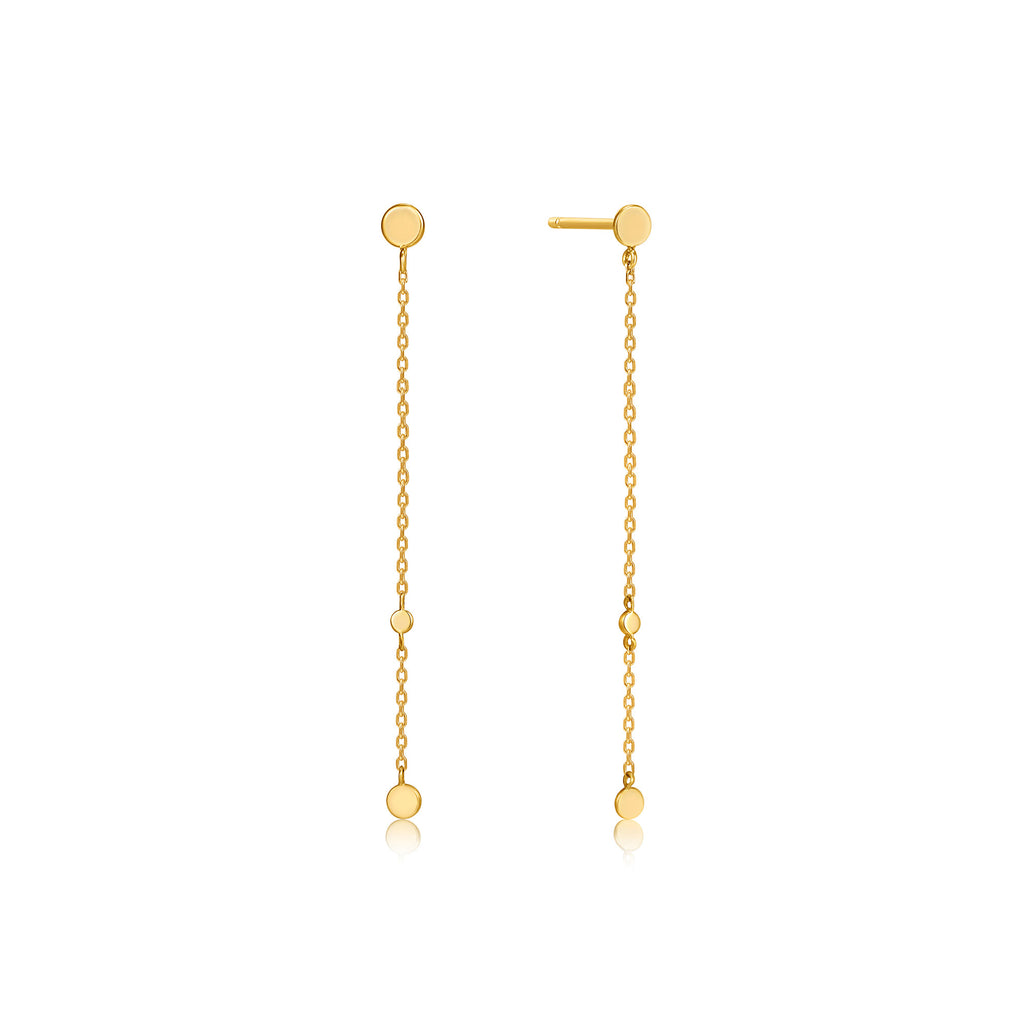 Ready to wear 14ct yellow gold chain drop stud featuring petit discs.. Cute and petite earrings sunshine coast jewellery 