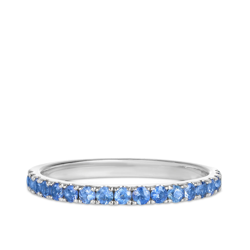 9ct white gold band featuring a row of ceylon sapphires. Sunshine Coast stacker ring with sapphires. Sunshine Coast Jewellers