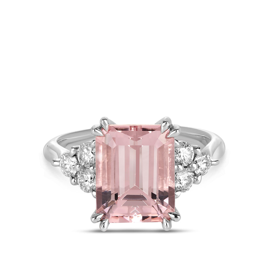 Stunning dress ring with pink emerald gemstone moissanite with lab grown diamonds cluster of 3 diamond each side in white gold. Sunshine Coast jewellery store, Morgan & Co can custom make this ring to order. 