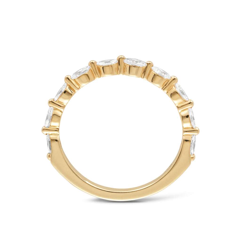 18ct yellow gold women's statement wedding band with marquise east to west lab grown diamonds. Sunshine Coast Jeweller for your custom made wedding rings